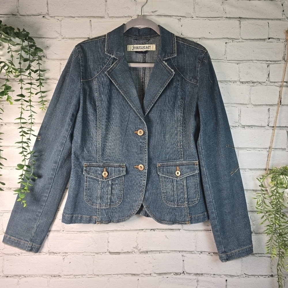 JEANSTAR VINTAGE DENIUM BLAZER FITTED STRETCH ACID WASHED WOMENS LARGE